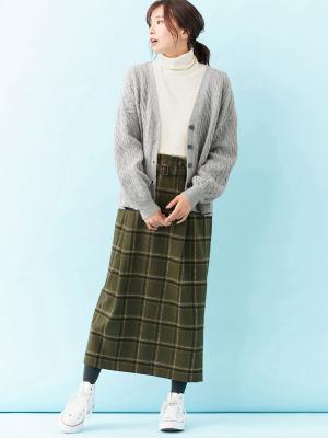 アウトレット|【産前産後対応】チェックハイウエストスカート【出産後も長く使える】|カーキ