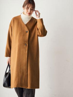 マタニティ アウター（コート）・ママコート|【産前産後対応】ママコートにもなるノーカラーコート|キャメル