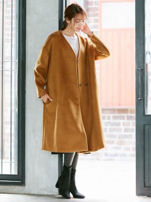 マタニティ アウター（コート）・ママコート|【産前産後対応】ママコートにもなるノーカラーコート|キャメル