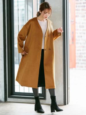 マタニティ アウター（コート）・ママコート|【産前産後対応】ママコートにもなるノーカラーコート|キャメル