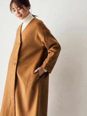 マタニティ アウター（コート）・ママコート|【産前産後対応】ママコートにもなるノーカラーコート|キャメル