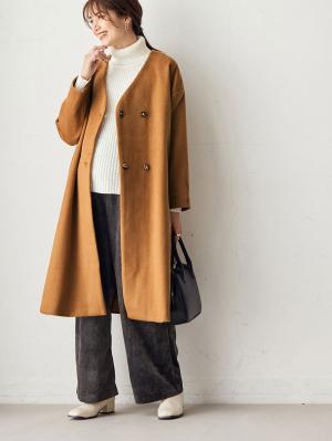 マタニティ アウター（コート）・ママコート|【産前産後対応】ママコートにもなるノーカラーコート|キャメル