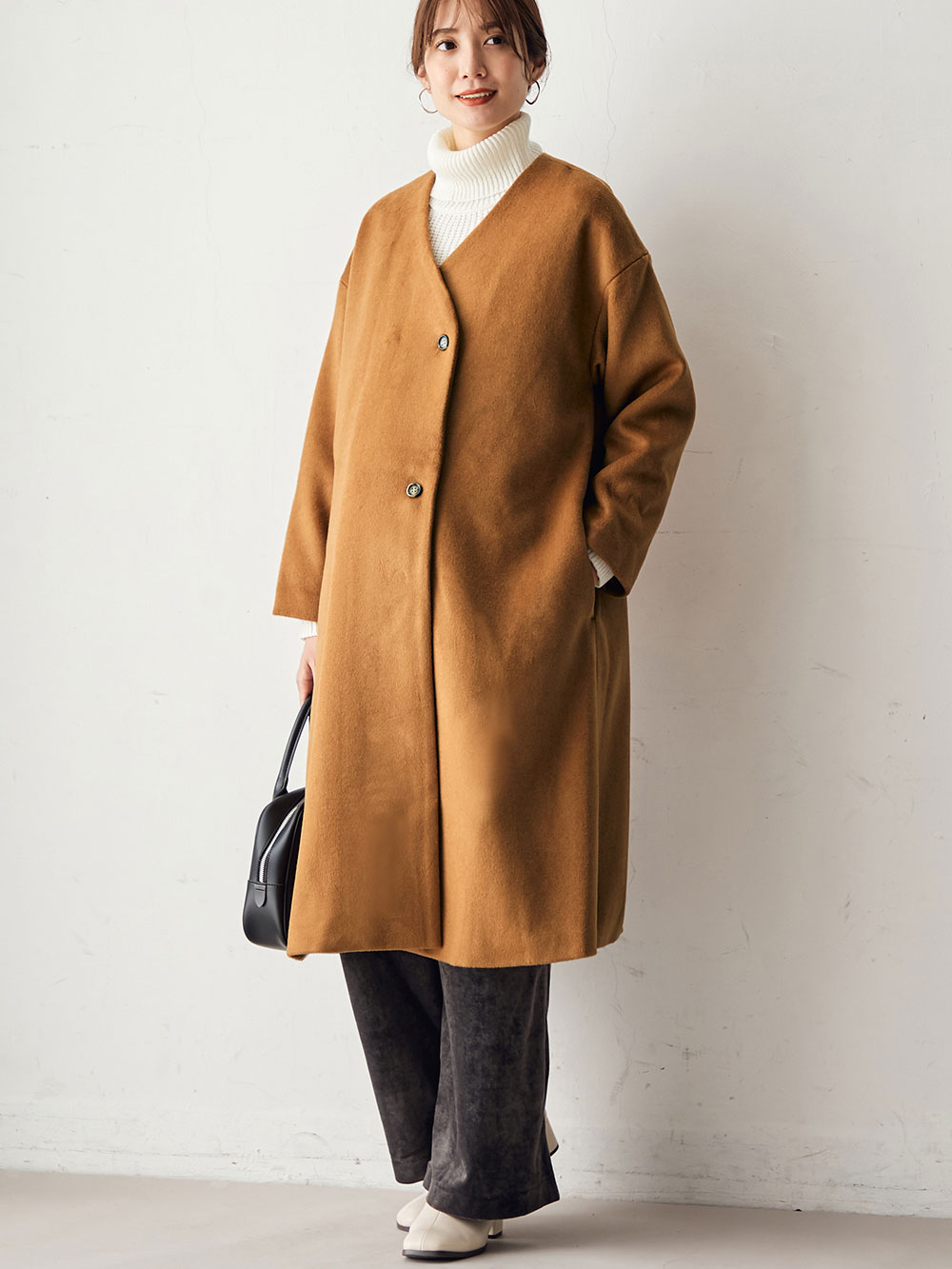 マタニティ アウター（コート）・ママコート|【産前産後対応】ママコートにもなるノーカラーコート|キャメル