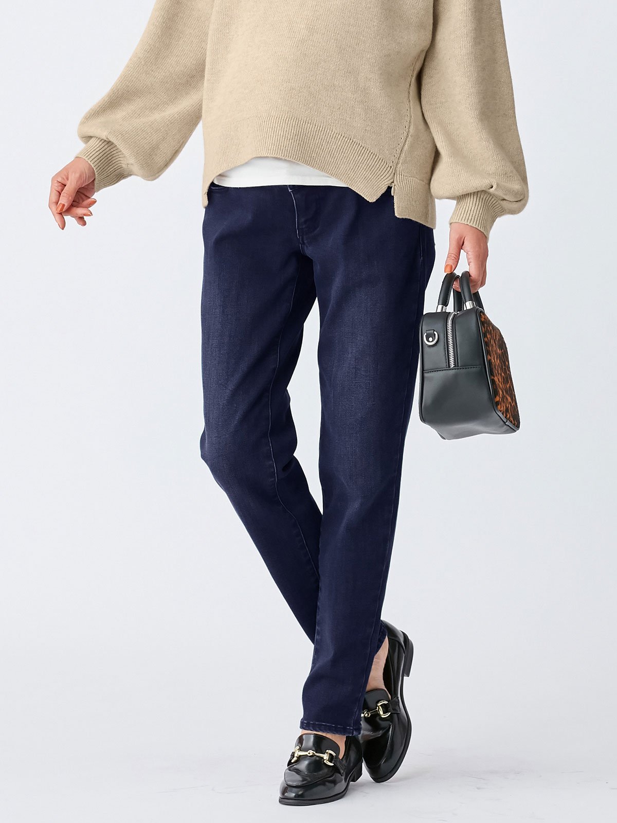 マタニティ パンツ|【産前産後対応】【あったか】裏フェルトタッチデニムテーパードパンツ【出産後も長く使える】|ネイビー