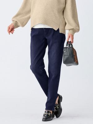 マタニティ パンツ|【産前産後対応】【あったか】裏フェルトタッチデニムテーパードパンツ【出産後も長く使える】|ネイビー