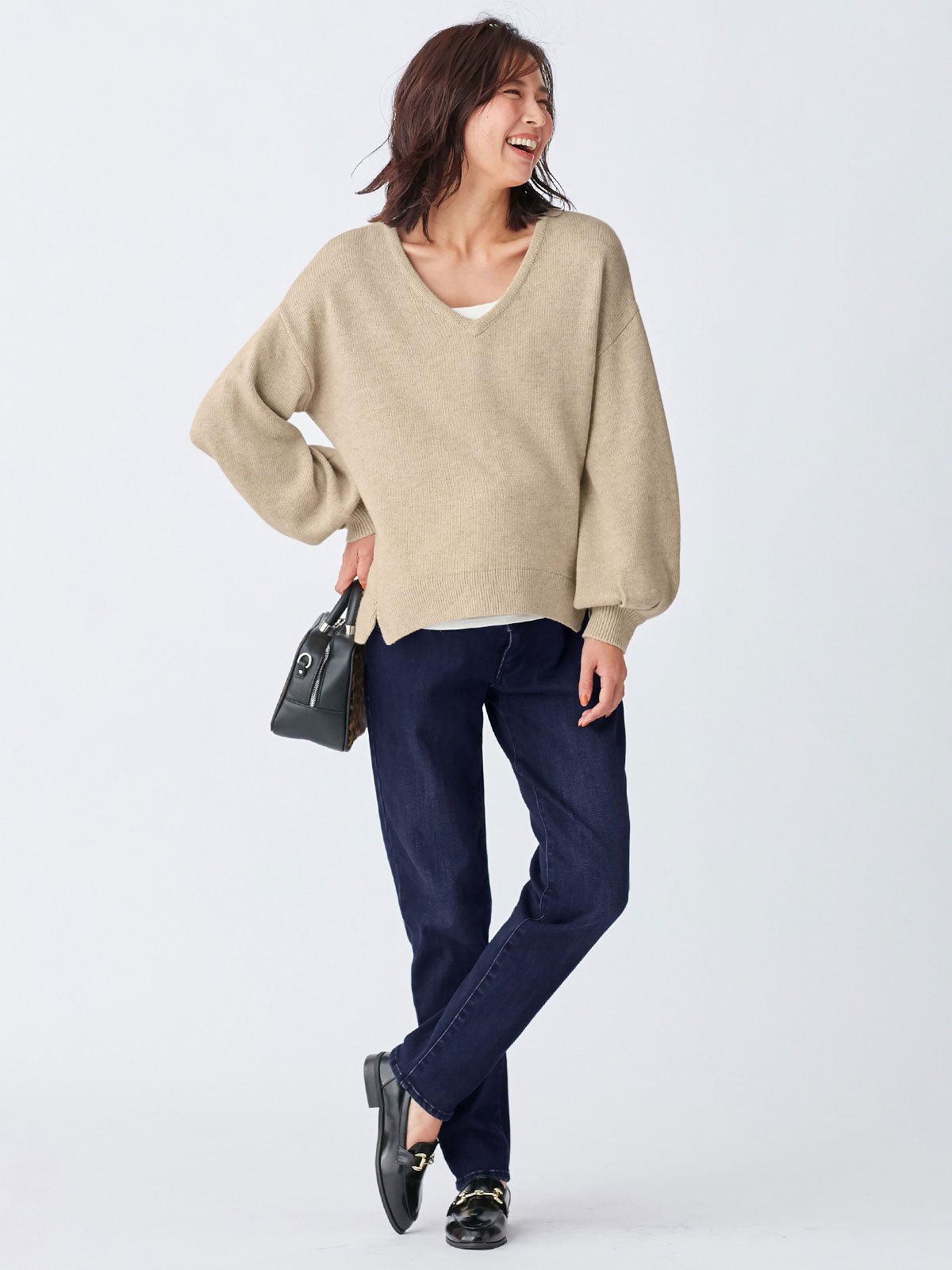 マタニティ パンツ|【産前産後対応】【あったか】裏フェルトタッチデニムテーパードパンツ【出産後も長く使える】|ネイビー