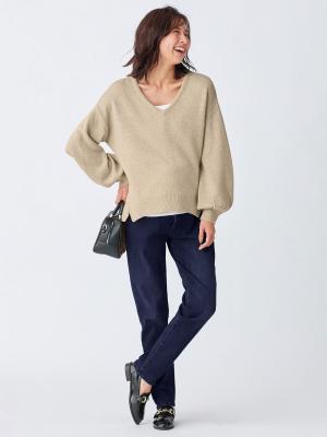 マタニティ パンツ|【産前産後対応】【あったか】裏フェルトタッチデニムテーパードパンツ【出産後も長く使える】|ネイビー