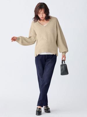 マタニティ パンツ|【産前産後対応】【あったか】裏フェルトタッチデニムテーパードパンツ【出産後も長く使える】|ネイビー