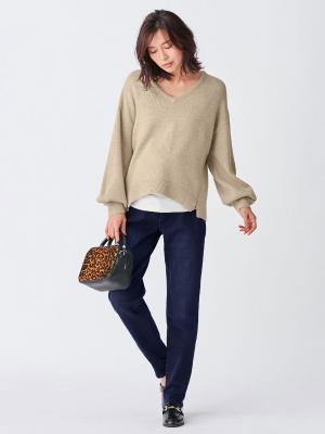 マタニティ パンツ|【産前産後対応】【あったか】裏フェルトタッチデニムテーパードパンツ【出産後も長く使える】|ネイビー