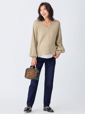 マタニティ パンツ|【産前産後対応】【あったか】裏フェルトタッチデニムテーパードパンツ【出産後も長く使える】|ネイビー