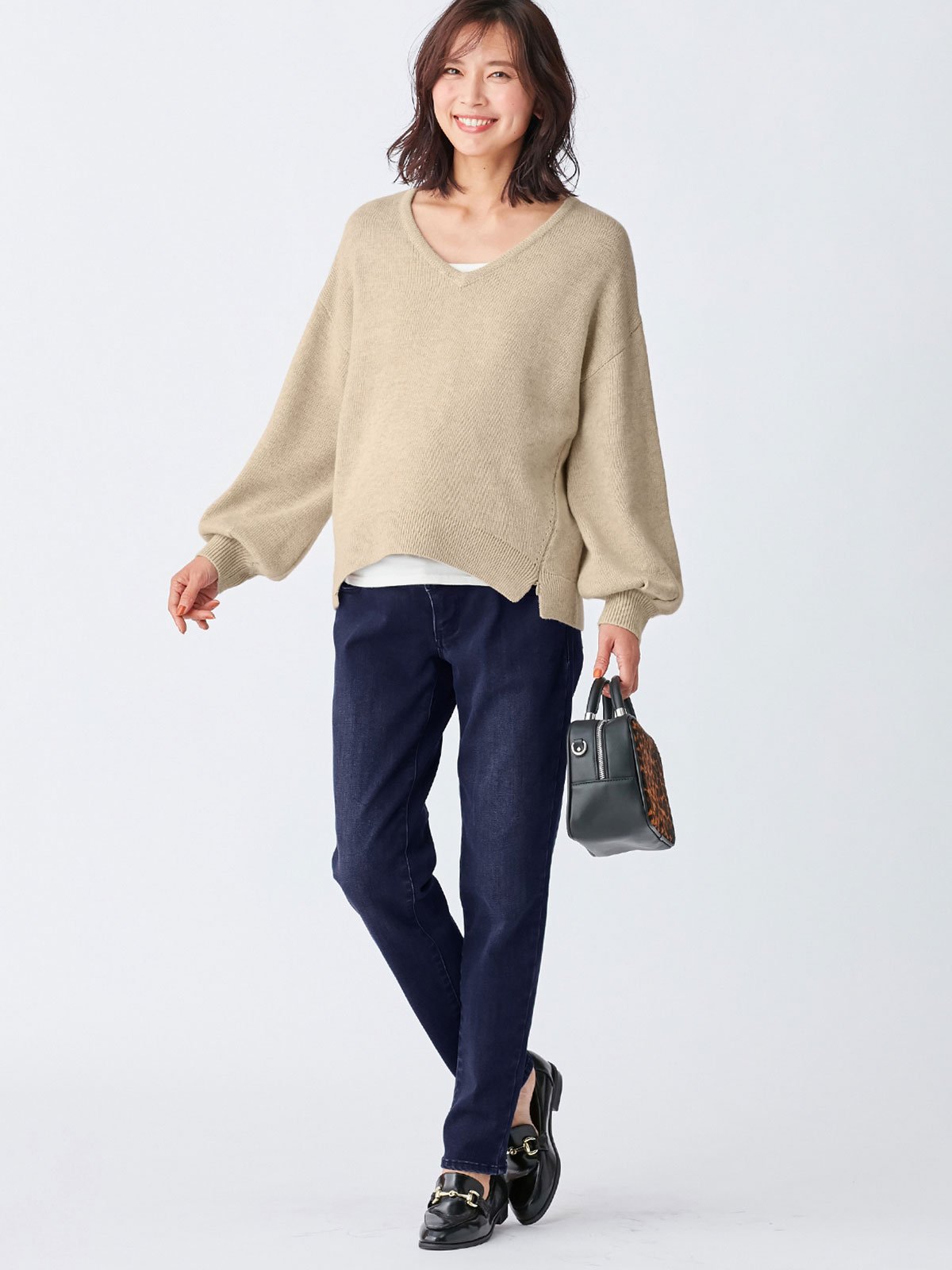 マタニティ パンツ|【産前産後対応】【あったか】裏フェルトタッチデニムテーパードパンツ【出産後も長く使える】|ネイビー