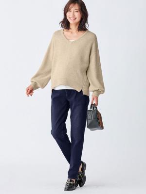 マタニティ パンツ|【産前産後対応】【あったか】裏フェルトタッチデニムテーパードパンツ【出産後も長く使える】|ネイビー