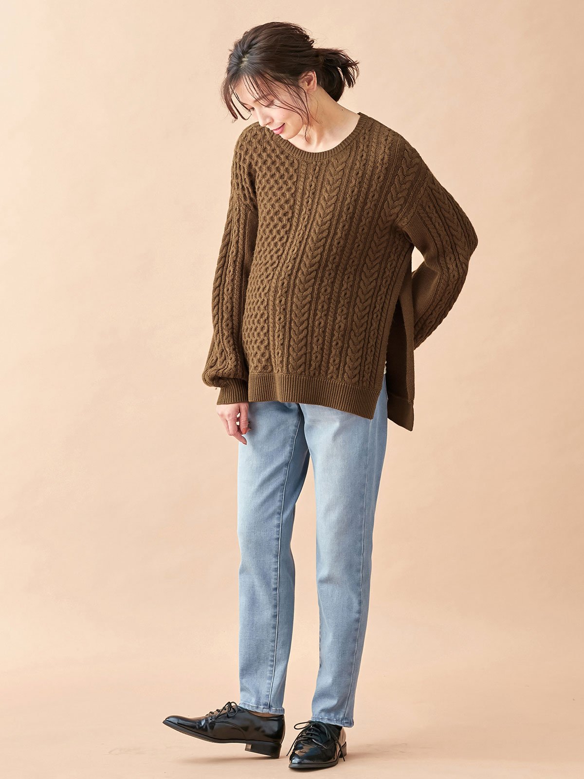 マタニティ パンツ|【産前産後対応】【あったか】裏フェルトタッチデニムテーパードパンツ【出産後も長く使える】|ライトブルー