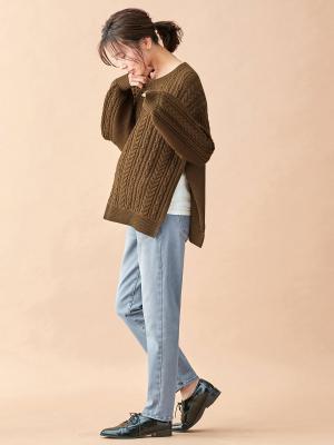 マタニティ パンツ|【産前産後対応】【あったか】裏フェルトタッチデニムテーパードパンツ【出産後も長く使える】|ライトブルー