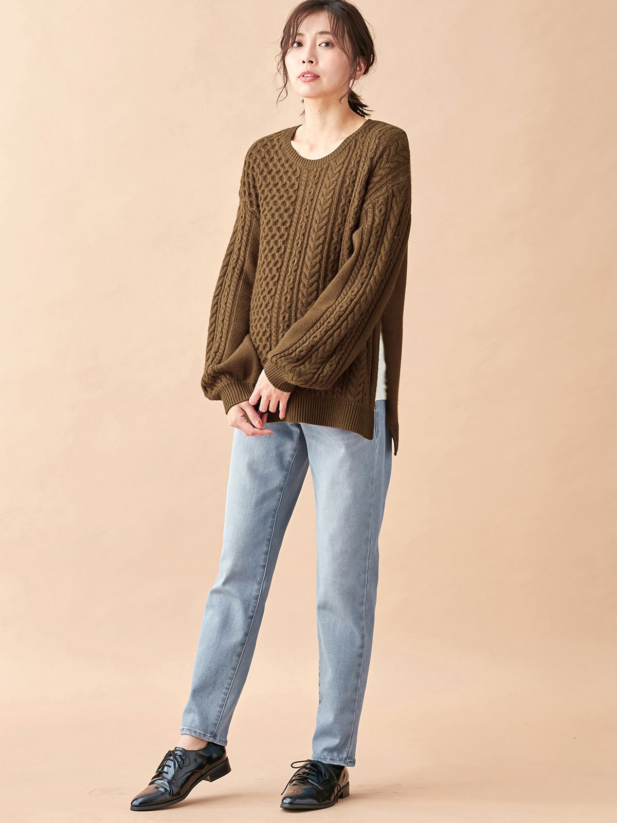 マタニティ パンツ|【産前産後対応】【あったか】裏フェルトタッチデニムテーパードパンツ【出産後も長く使える】|ライトブルー