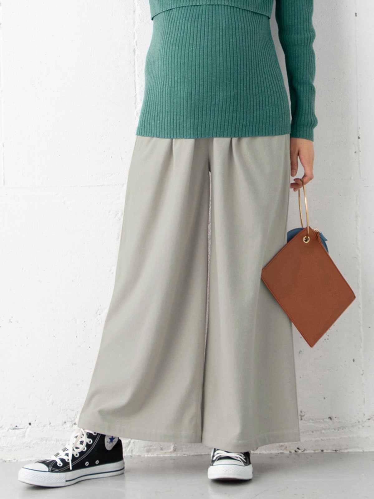 アウトレット|【産前産後対応】【2レングス展開】ウールライクタックワイドパンツ【出産後も長く使える】|アイスグレー60丈