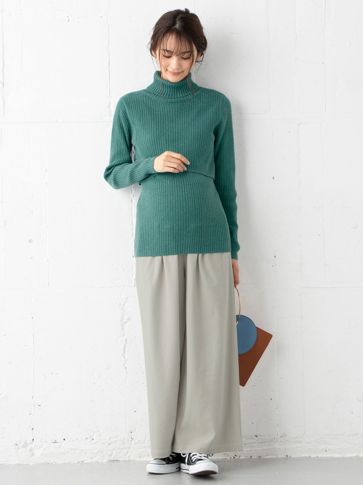 アウトレット|【産前産後対応】【2レングス展開】ウールライクタックワイドパンツ【出産後も長く使える】|アイスグレー60丈