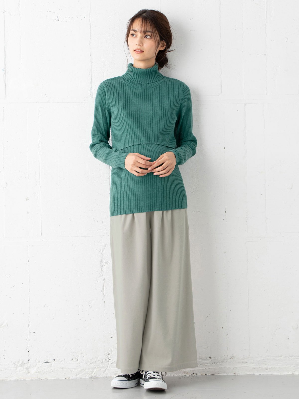 アウトレット|【産前産後対応】【2レングス展開】ウールライクタックワイドパンツ【出産後も長く使える】|アイスグレー60丈