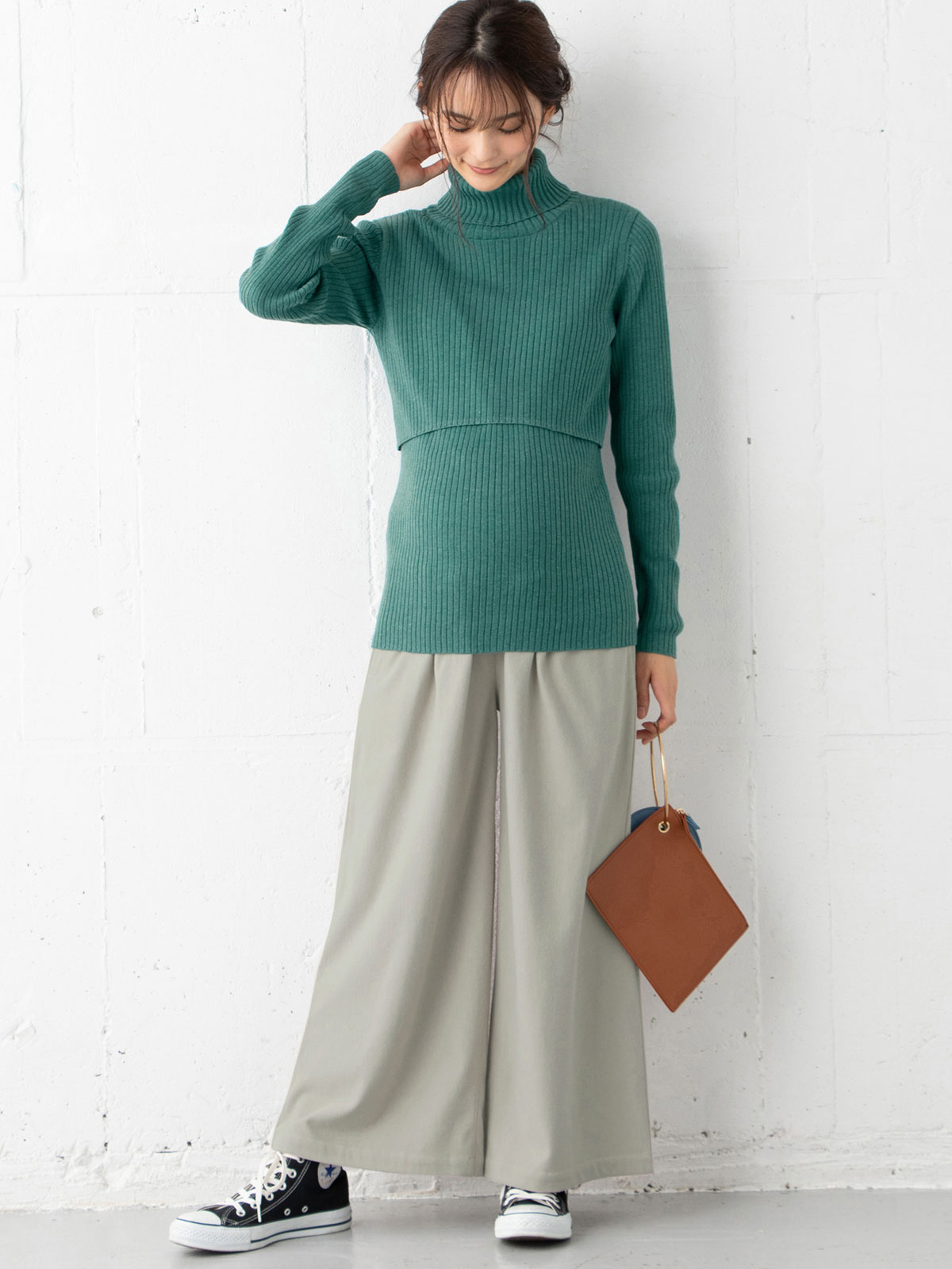 アウトレット|【産前産後対応】【2レングス展開】ウールライクタックワイドパンツ【出産後も長く使える】|アイスグレー60丈