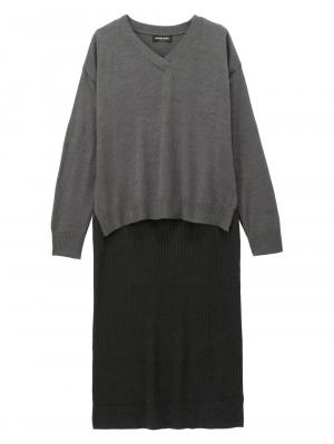 【アンチピリング加工】天竺ニット×リブニットVネックレイヤードワンピース　マタニティ・授乳服 29589