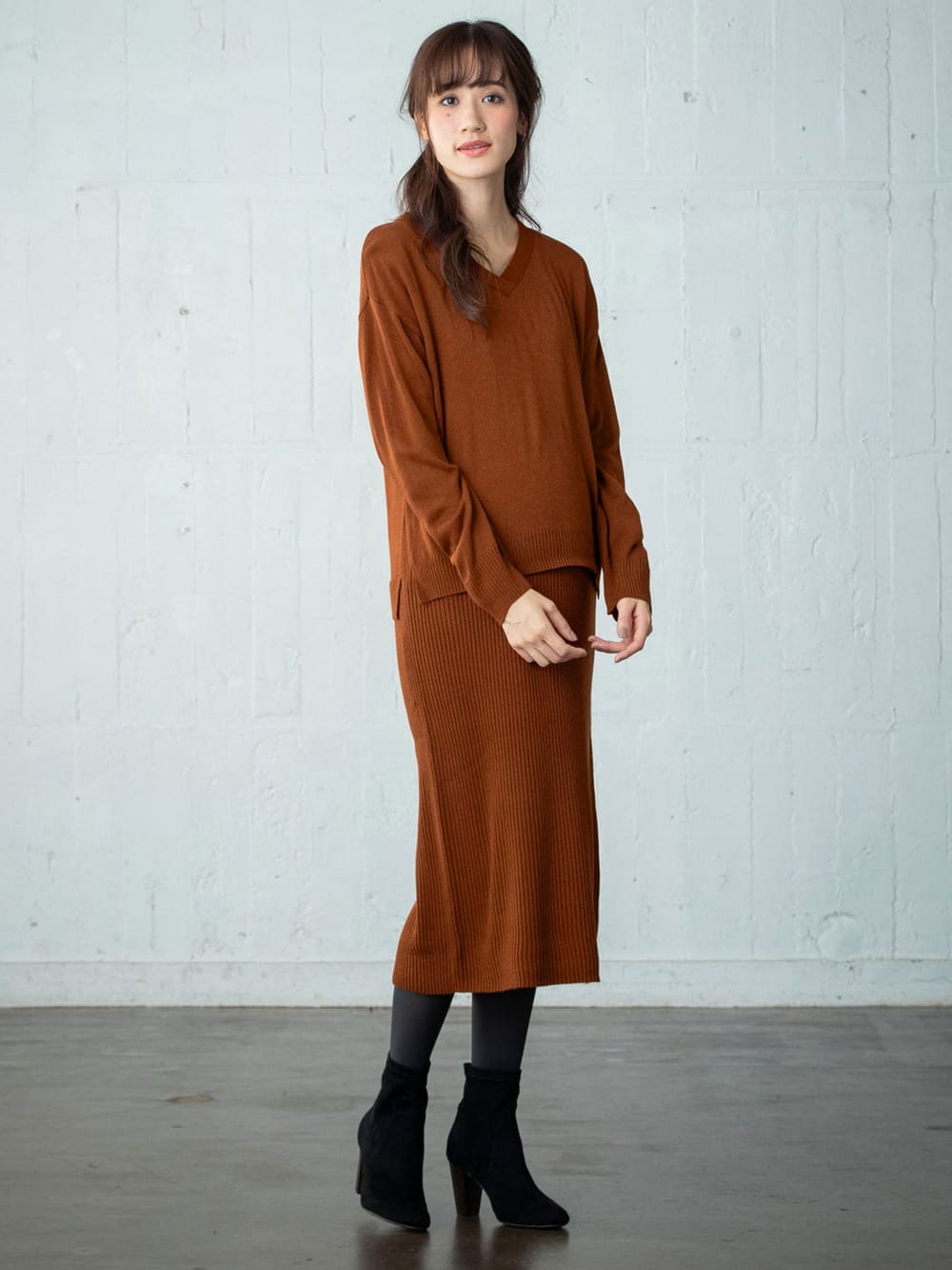 マタニティ ワンピース|【アンチピリング加工】天竺ニット×リブニットVネックレイヤードワンピース　マタニティ・授乳服|ブラウン