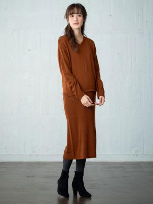 マタニティ ワンピース|【アンチピリング加工】天竺ニット×リブニットVネックレイヤードワンピース　マタニティ・授乳服|ブラウン