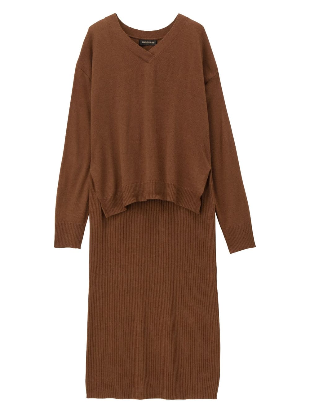 マタニティ ワンピース|【アンチピリング加工】天竺ニット×リブニットVネックレイヤードワンピース　マタニティ・授乳服|ブラウン