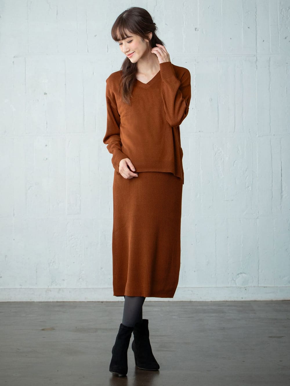 マタニティ ワンピース|【アンチピリング加工】天竺ニット×リブニットVネックレイヤードワンピース　マタニティ・授乳服|ブラウン