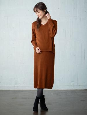 マタニティ ワンピース|【アンチピリング加工】天竺ニット×リブニットVネックレイヤードワンピース　マタニティ・授乳服|ブラウン