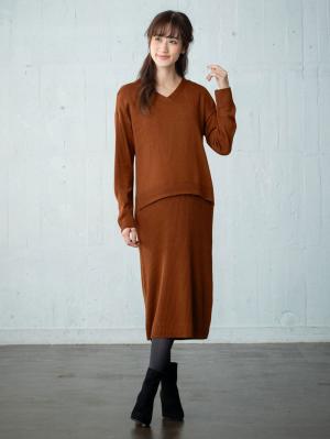 マタニティ ワンピース|【アンチピリング加工】天竺ニット×リブニットVネックレイヤードワンピース　マタニティ・授乳服|ブラウン