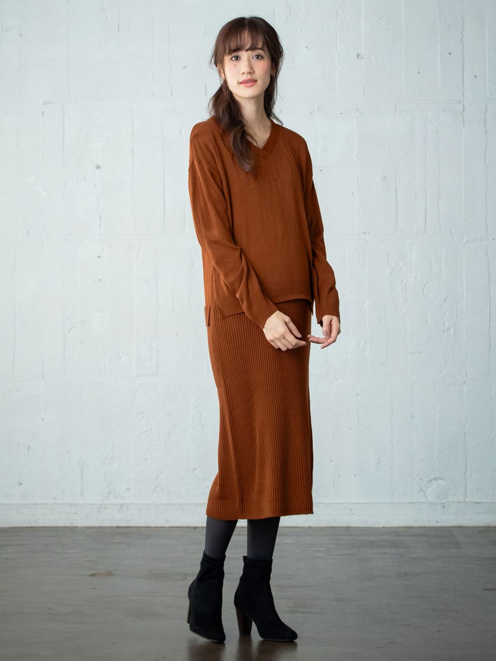 マタニティ ワンピース|【アンチピリング加工】天竺ニット×リブニットVネックレイヤードワンピース　マタニティ・授乳服|ブラウン