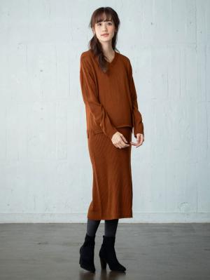 マタニティ ワンピース|【アンチピリング加工】天竺ニット×リブニットVネックレイヤードワンピース　マタニティ・授乳服|ブラウン