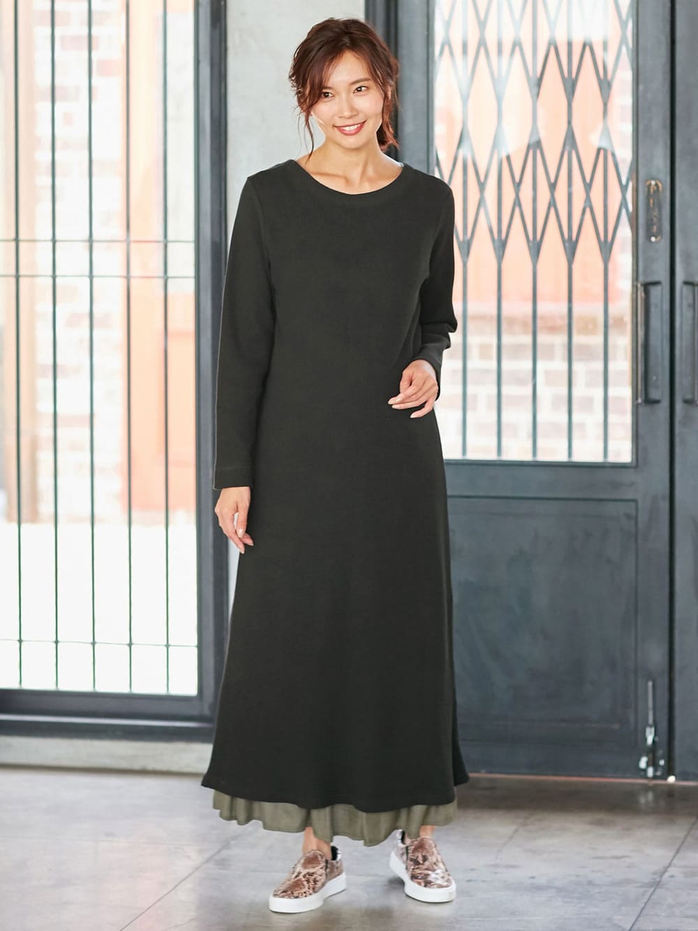 マタニティ ワンピース|【2WAY】【親子コーデ可】サーマル前後2WAYロングカーディガンワンピース　マタニティ・授乳服【出産後も長く使える】|ブラック