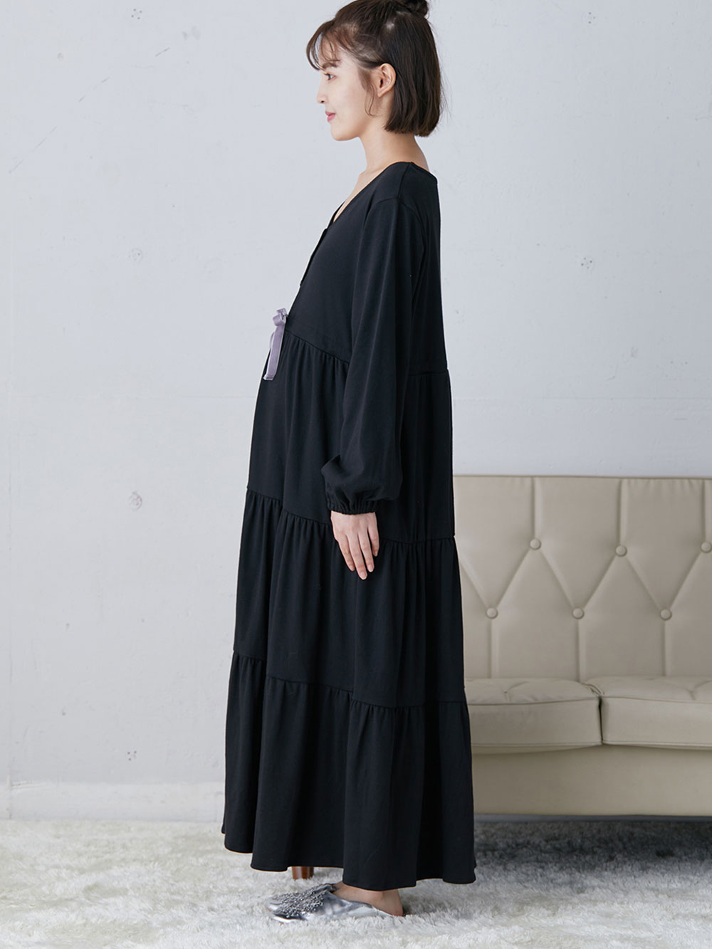 マタニティ パジャマ・ルームウェア|やわらかスムース ティアードリラックスネグリジェ　マタニティ・授乳パジャマ