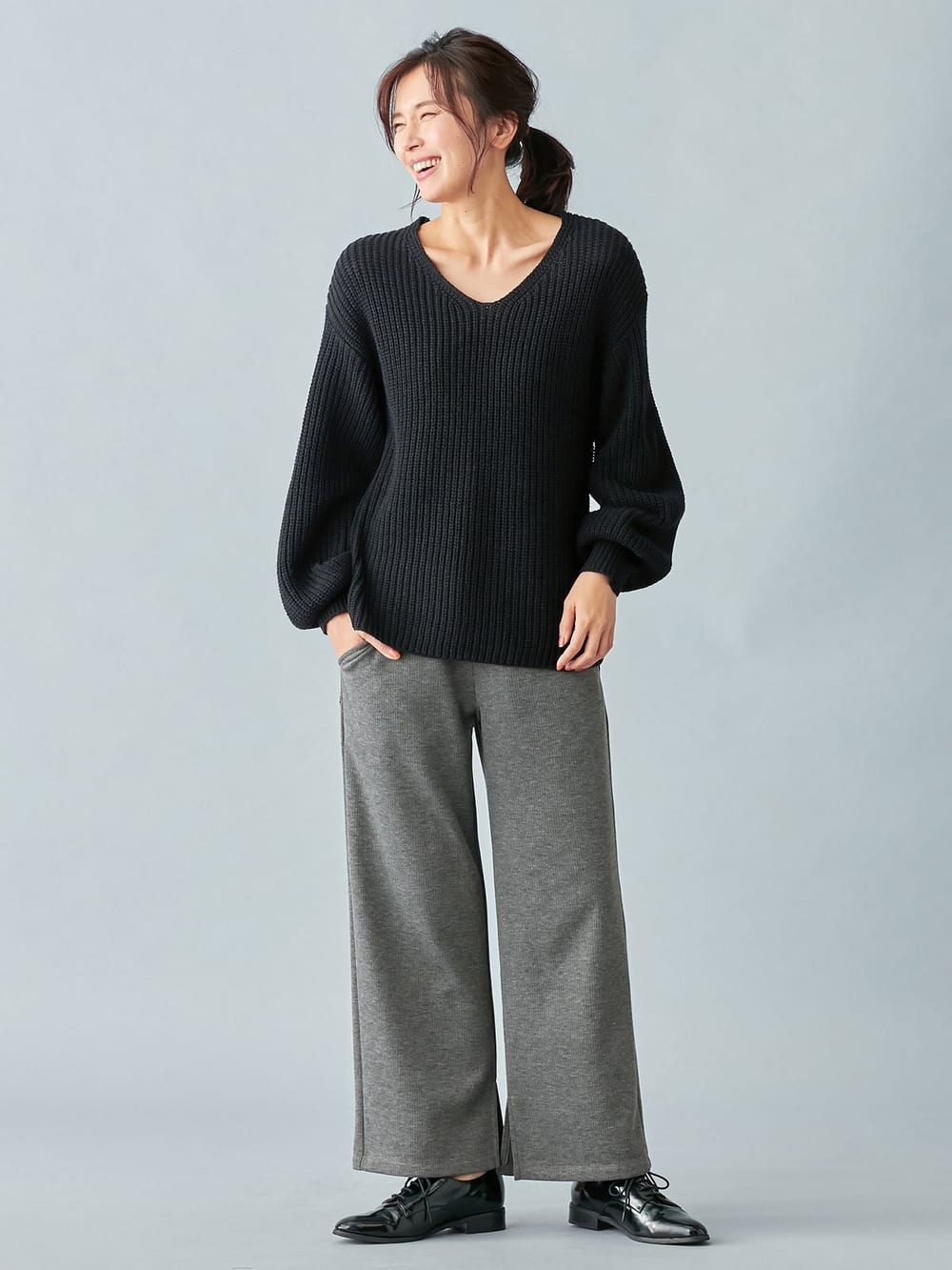 マタニティ パンツ|【産前産後対応】【極暖】リブ裏シャギーワイドパンツ【出産後も長く使える】|杢チャコール