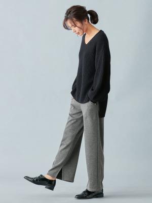 マタニティ パンツ|【産前産後対応】【極暖】リブ裏シャギーワイドパンツ【出産後も長く使える】|杢チャコール