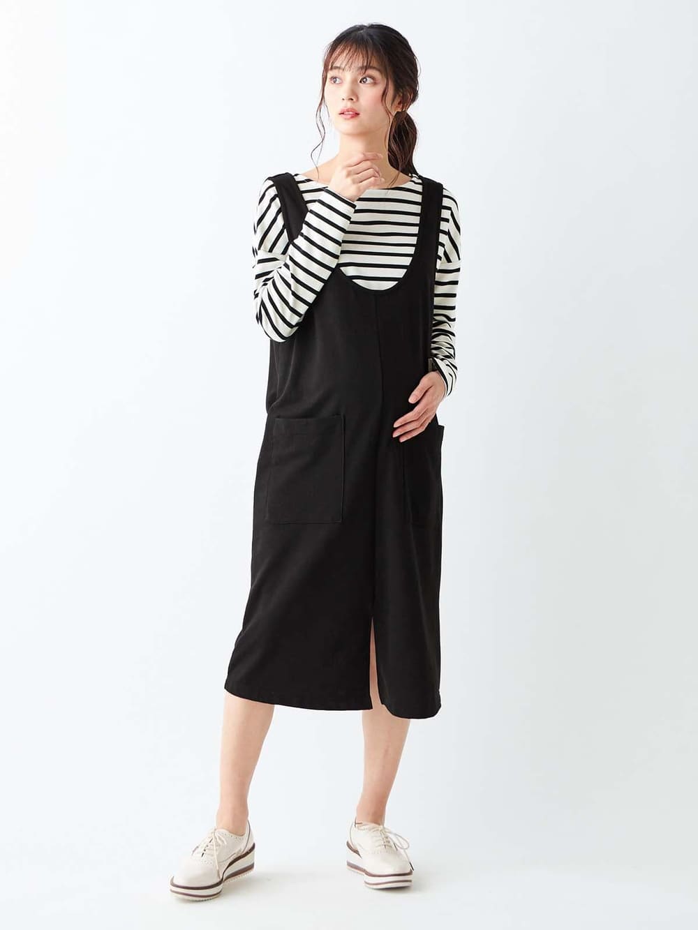 マタニティ ワンピース|ain(アイン)ミニ裏毛ジャンスカフェイクワンピース マタニティ・授乳服【出産後も長く使える】|モカ