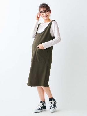 マタニティ ワンピース|ain(アイン)ミニ裏毛ジャンスカフェイクワンピース マタニティ・授乳服【出産後も長く使える】|モカ