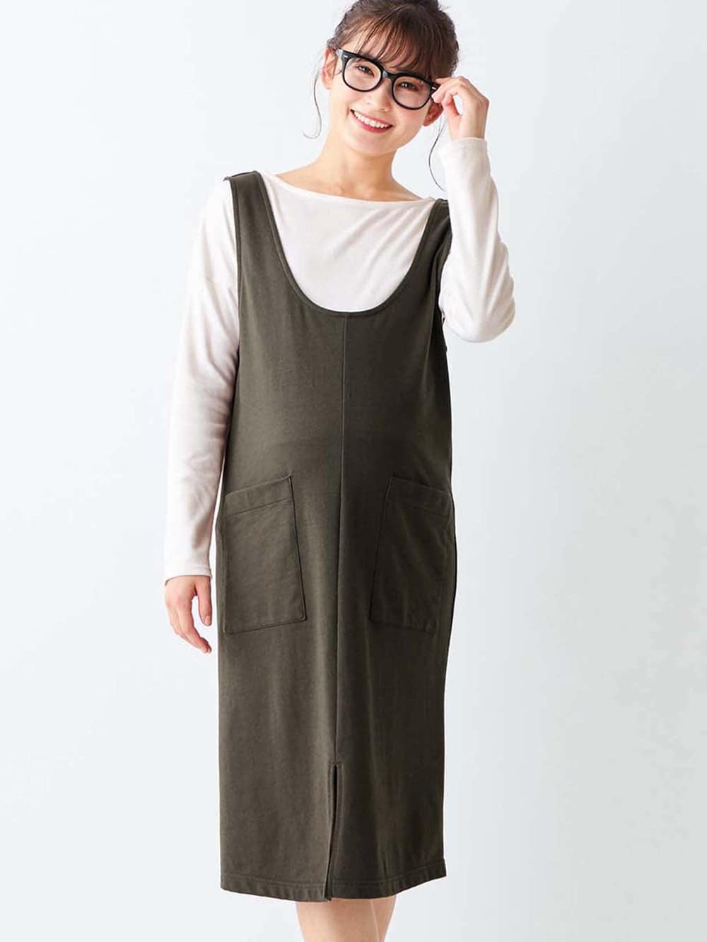 マタニティ ワンピース|ain(アイン)ミニ裏毛ジャンスカフェイクワンピース マタニティ・授乳服【出産後も長く使える】|モカ