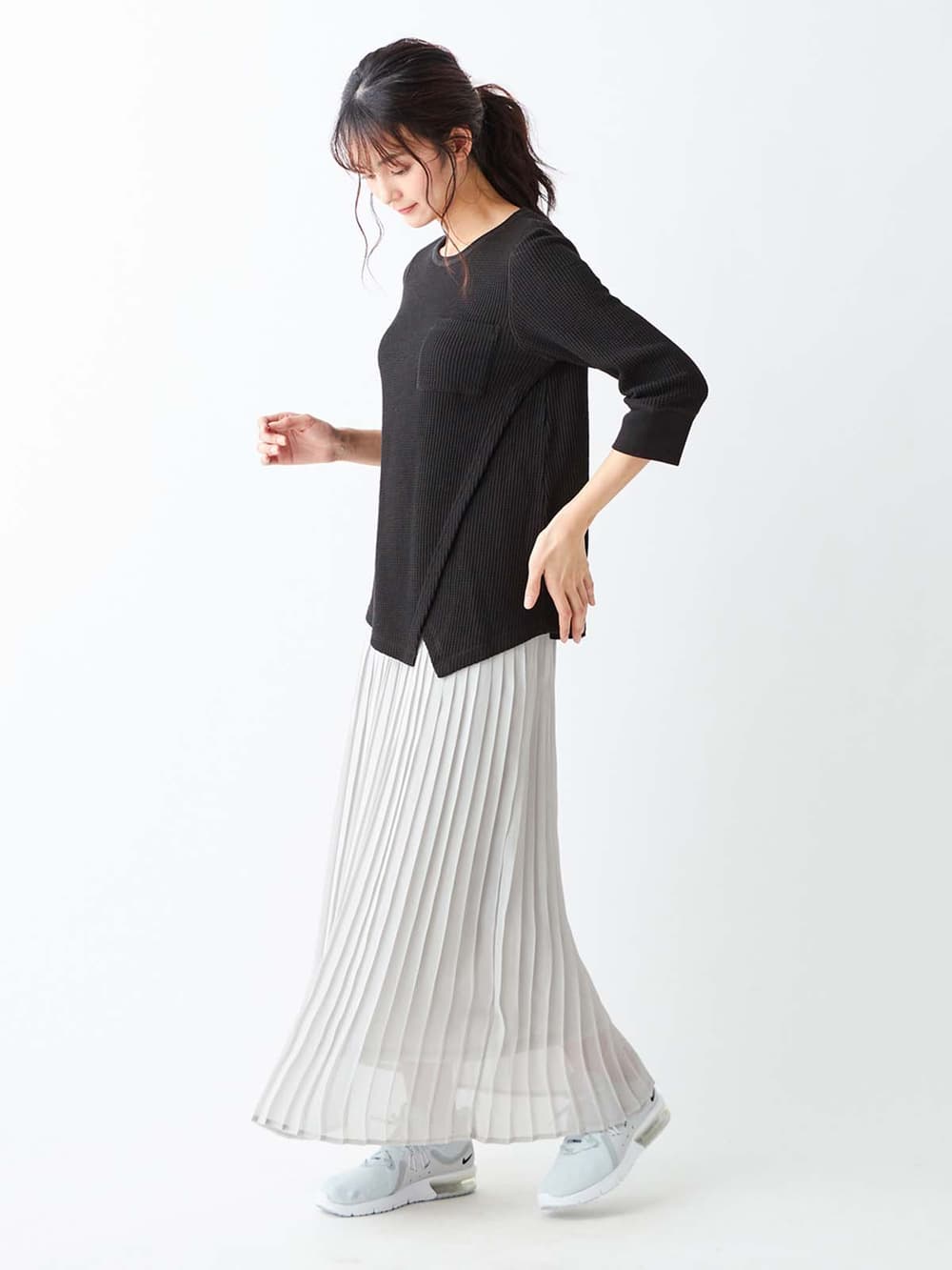 マタニティ トップス|ワッフル裾アシメ七分袖トップス マタニティ・授乳服【出産後も長く使える】