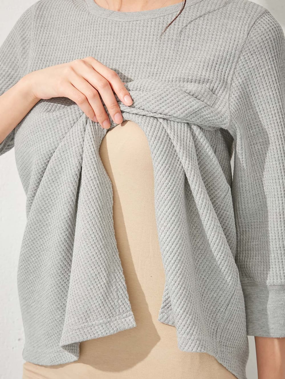 マタニティ トップス|ワッフル裾アシメ七分袖トップス マタニティ・授乳服【出産後も長く使える】