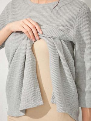 マタニティ トップス|ワッフル裾アシメ七分袖トップス マタニティ・授乳服【出産後も長く使える】