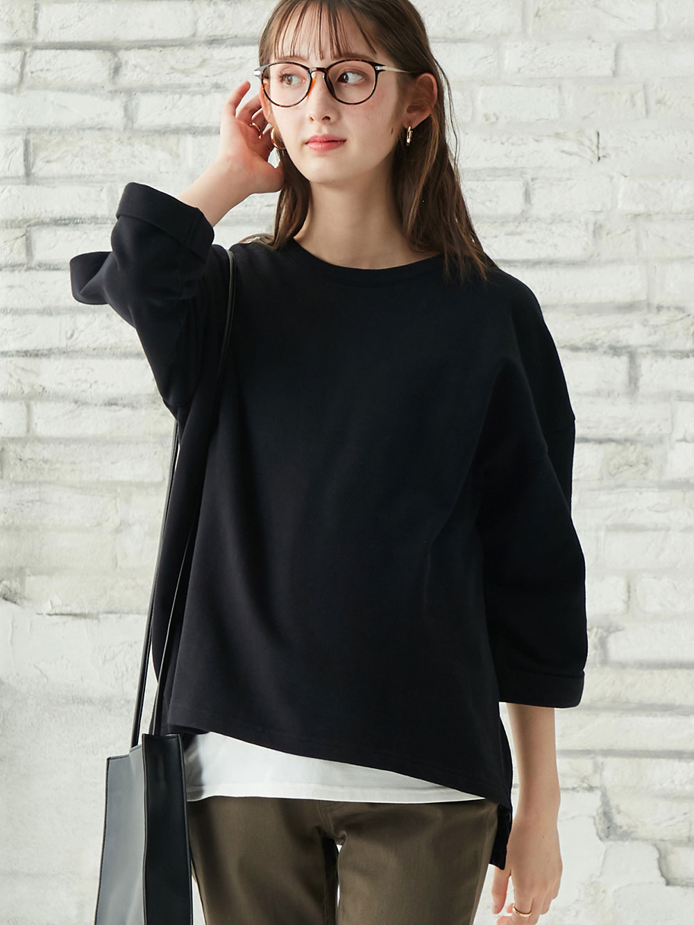 マタニティ トップス|ミニ裏毛六分袖プルオーバー マタニティ・授乳服【出産後も長く使える】|ブラック