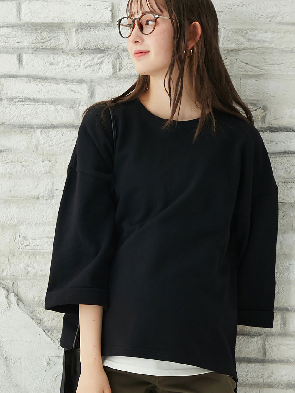 マタニティ トップス|ミニ裏毛六分袖プルオーバー マタニティ・授乳服【出産後も長く使える】|ブラック