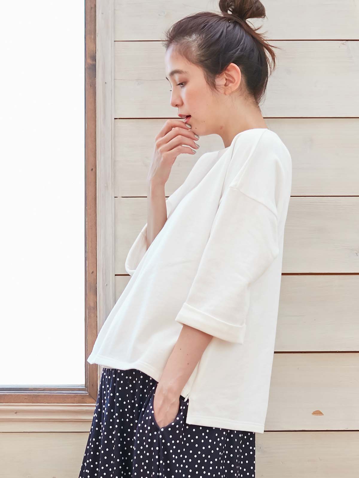 マタニティ トップス|ミニ裏毛六分袖プルオーバー マタニティ・授乳服【出産後も長く使える】|オフホワイト