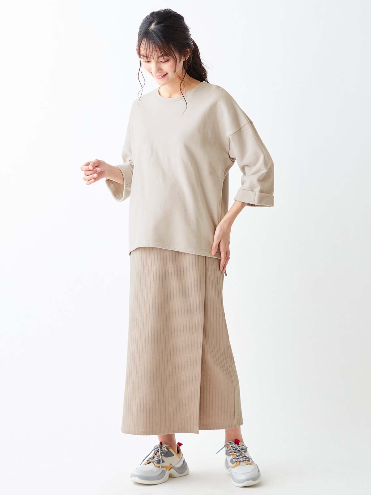 マタニティ トップス|ミニ裏毛六分袖プルオーバー マタニティ・授乳服【出産後も長く使える】|ベージュ