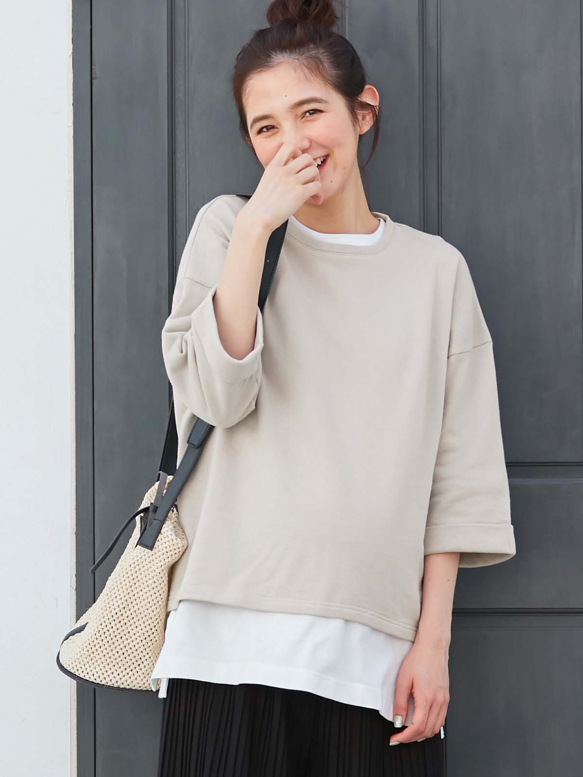 マタニティ トップス|ミニ裏毛六分袖プルオーバー マタニティ・授乳服【出産後も長く使える】|ベージュ