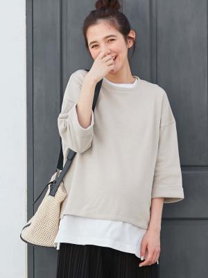 マタニティ トップス|ミニ裏毛六分袖プルオーバー マタニティ・授乳服【出産後も長く使える】|ベージュ