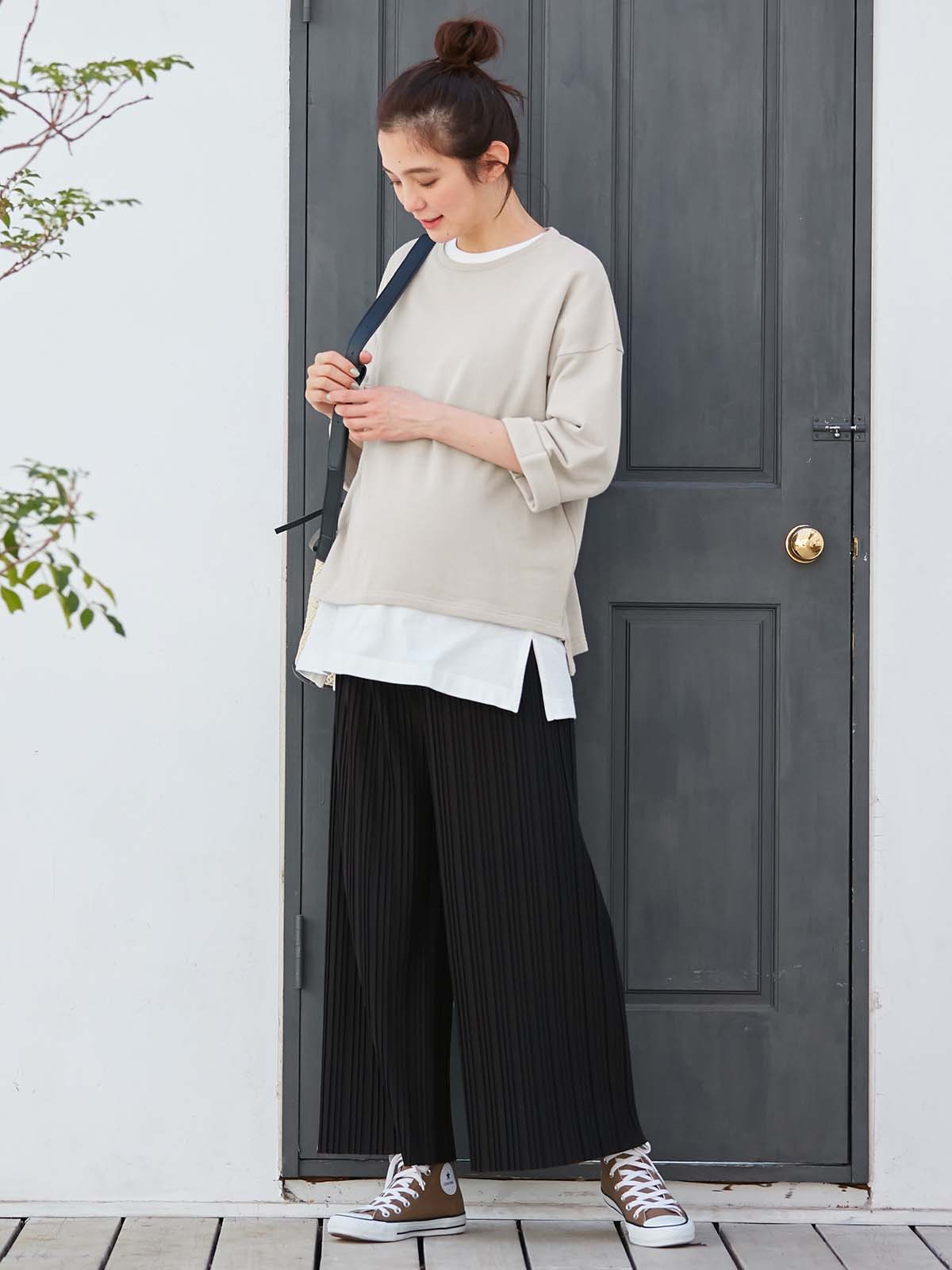 マタニティ トップス|ミニ裏毛六分袖プルオーバー マタニティ・授乳服【出産後も長く使える】|ベージュ