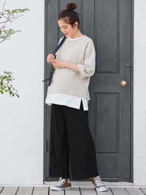 マタニティ トップス|ミニ裏毛六分袖プルオーバー マタニティ・授乳服【出産後も長く使える】|ベージュ